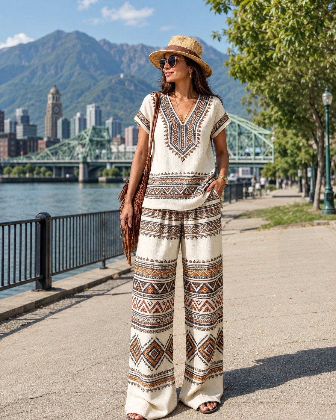 Rynessa - Ensemble femme boho avec haut imprimé et pantalon large