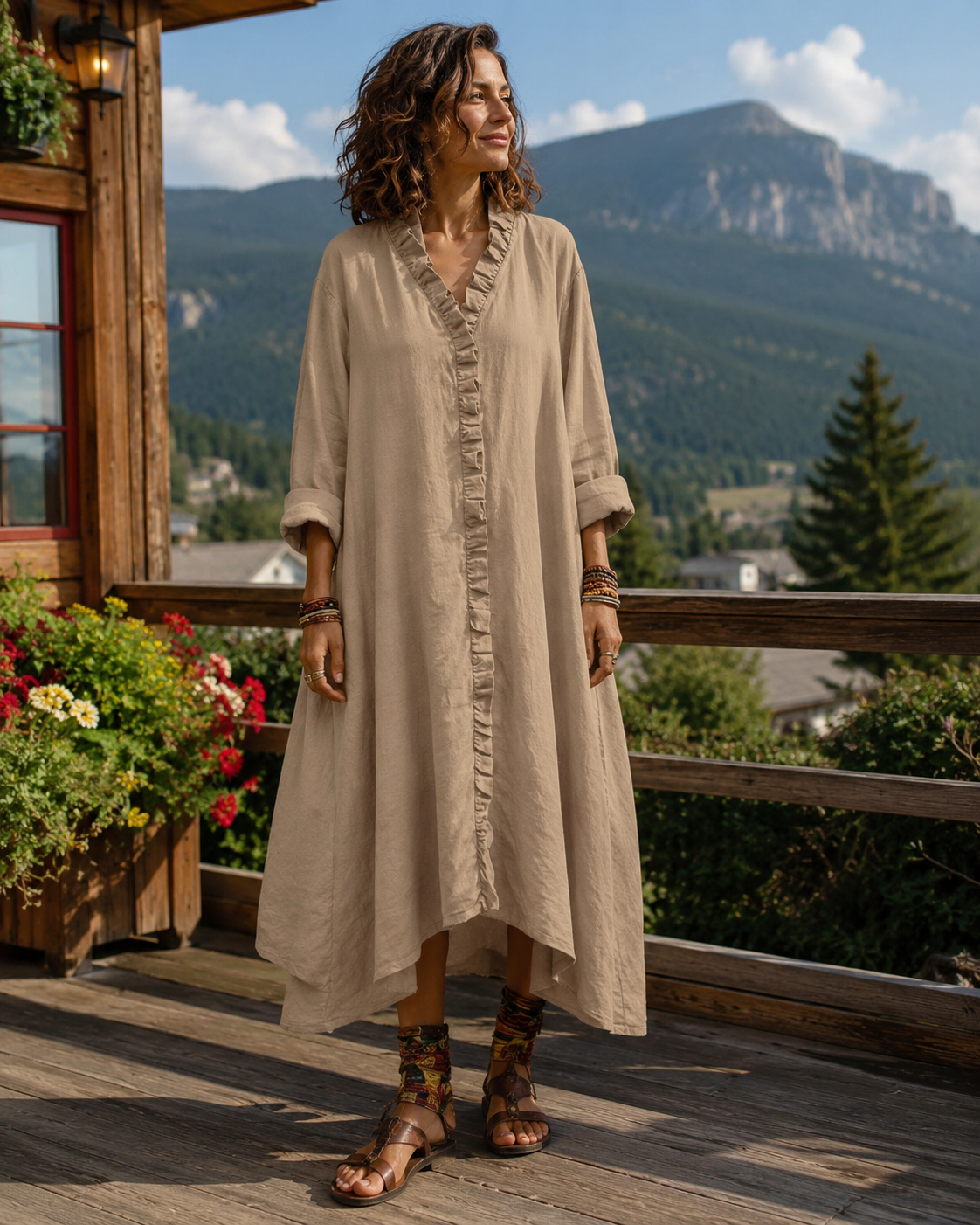 Fionelle - Robe longue femme fluide avec volants et col V