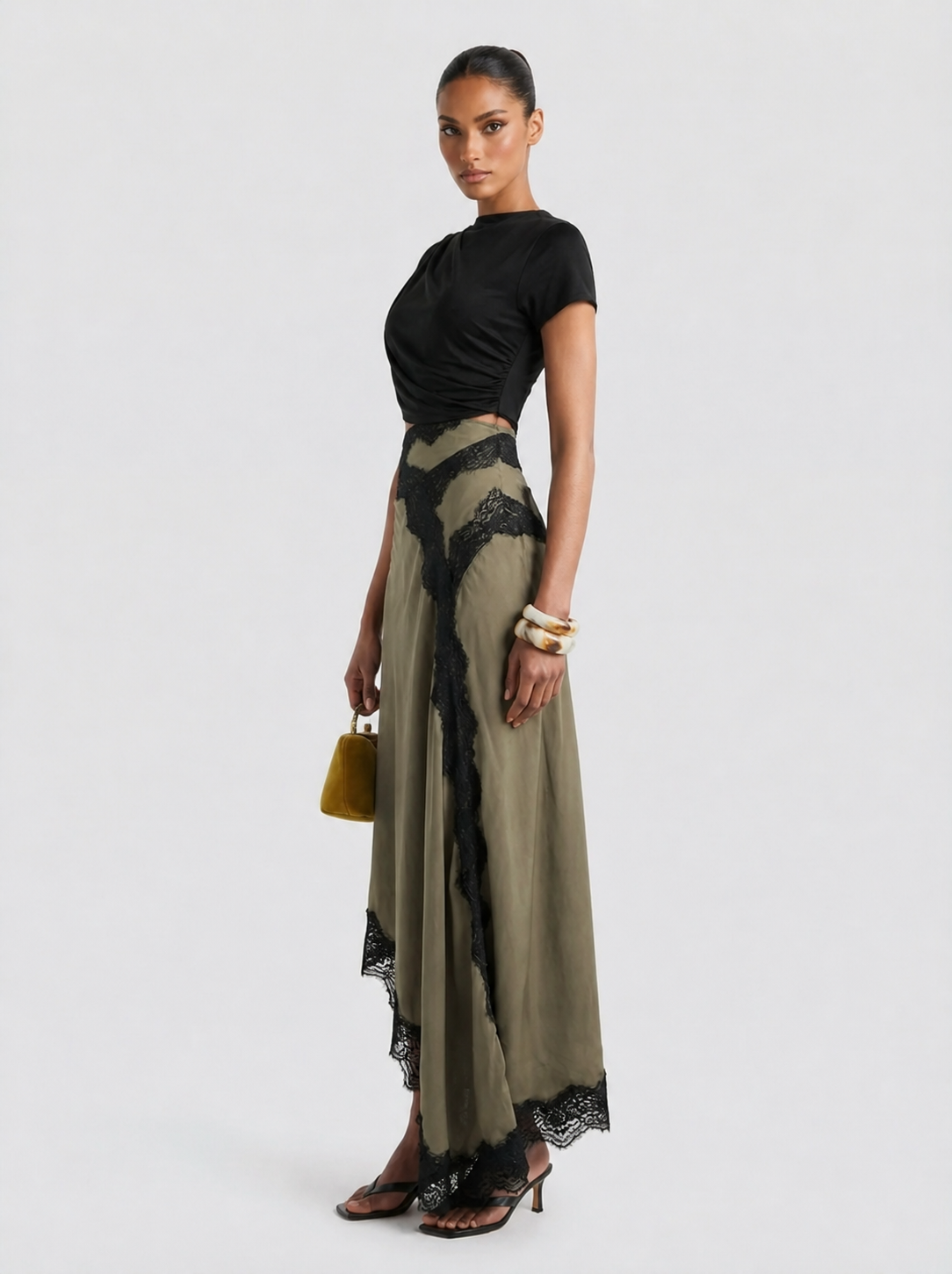 Griselune™ - Ensemble femme top asymétrique noir et jupe maxi dentelle élégante