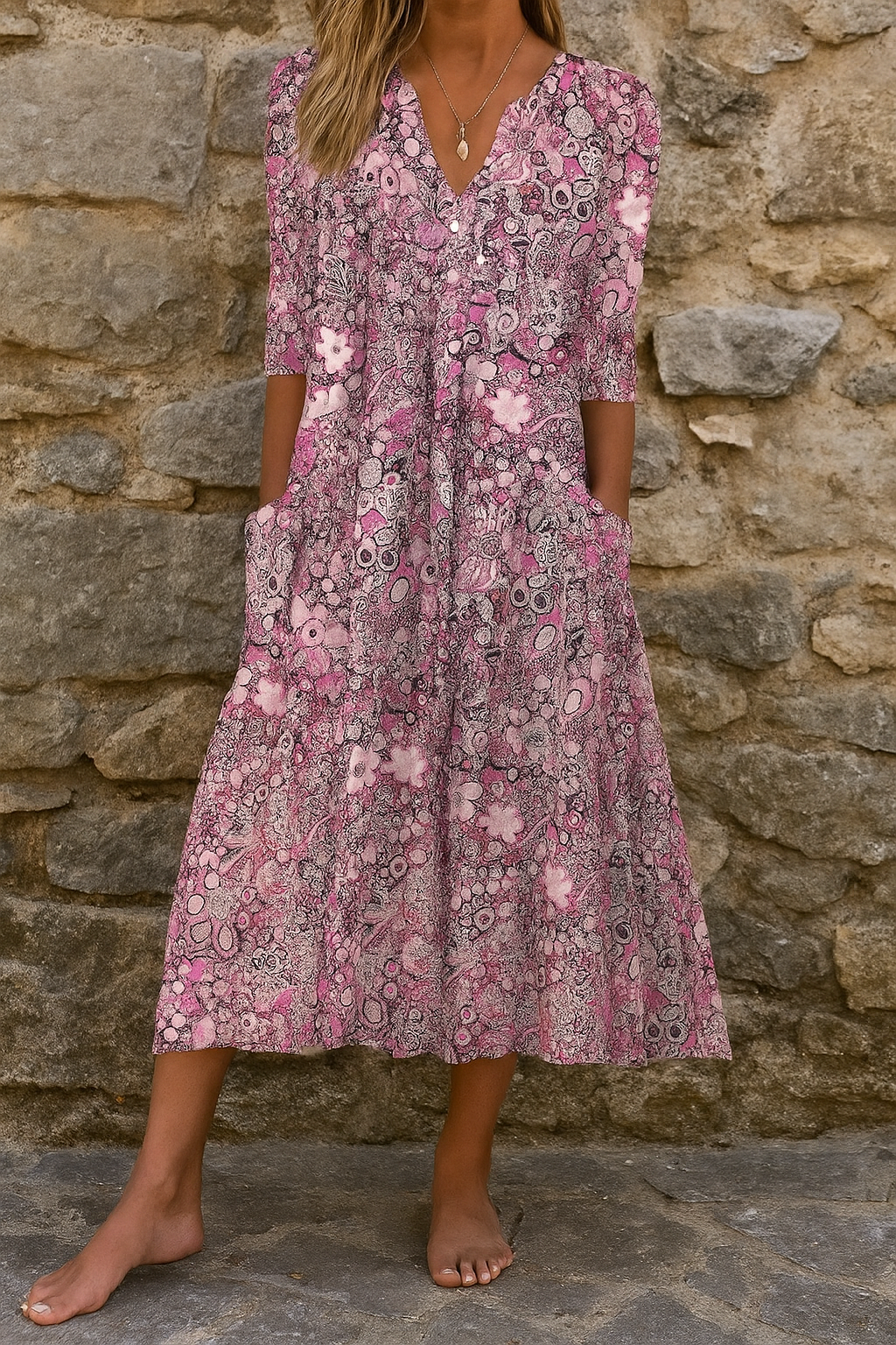 Quessia - Robe midi femme imprimée à col V et manches 3/4