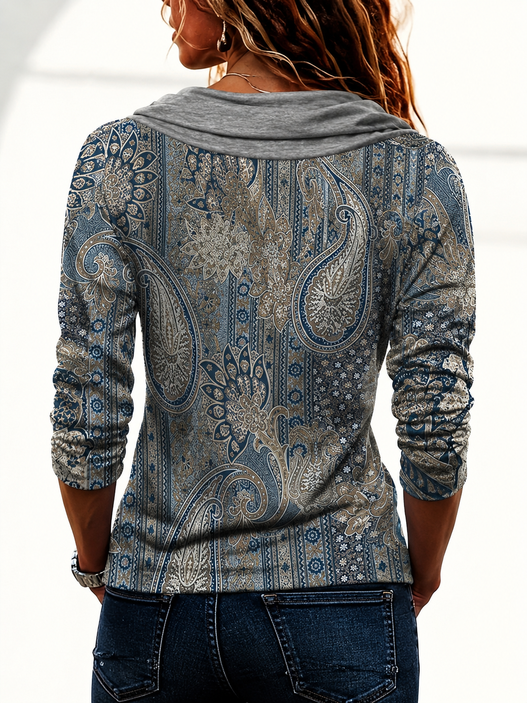 Marije - Haut femme imprimé paisley avec col drapé boutonné