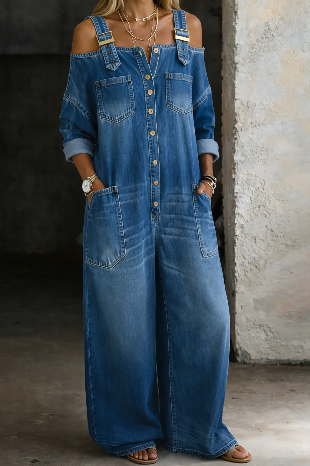 Aurexa™ - Combinaison Femme Denim Épaules Dénudées Coupe Ample Élégante