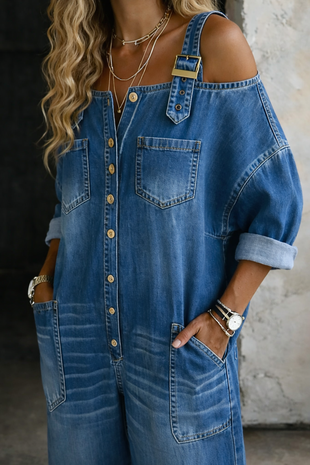 Aurexa™ - Combinaison Femme Denim Épaules Dénudées Coupe Ample Élégante