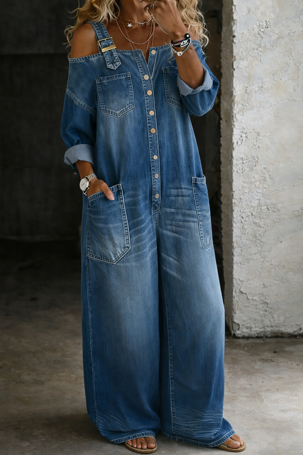 Aurexa™ - Combinaison Femme Denim Épaules Dénudées Coupe Ample Élégante