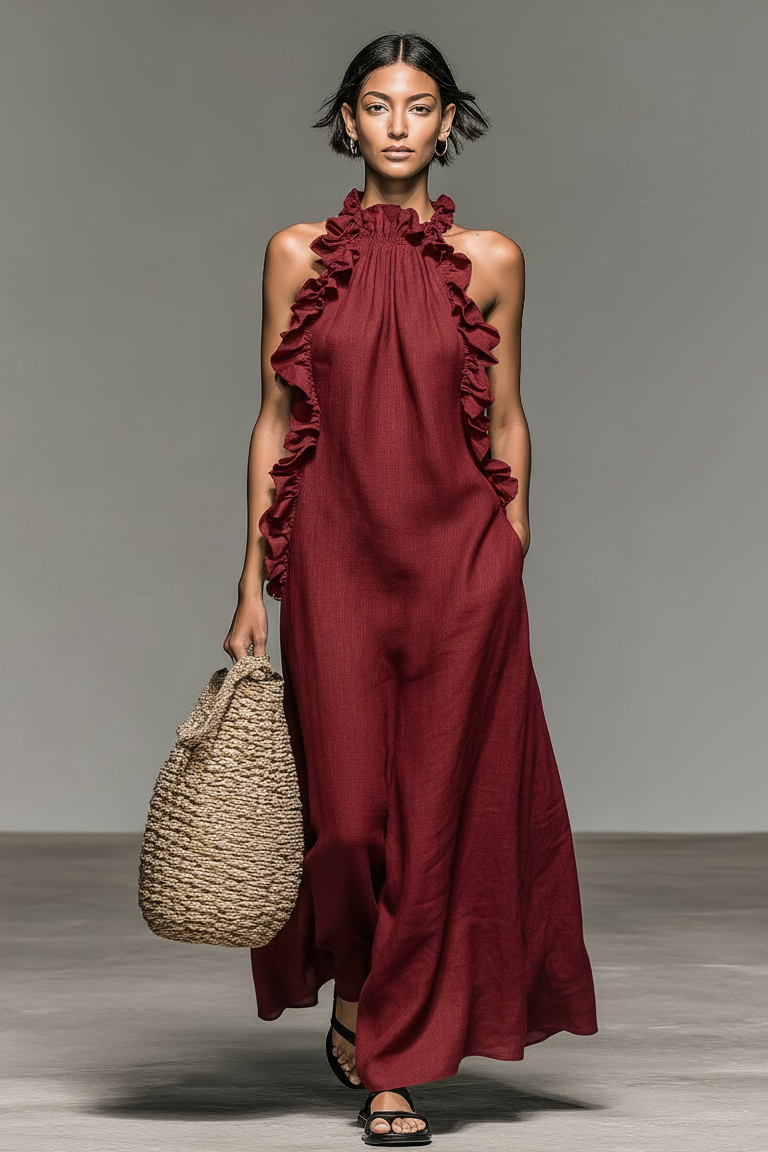 Grevina - Robe maxi femme sans manches à volants avec poches