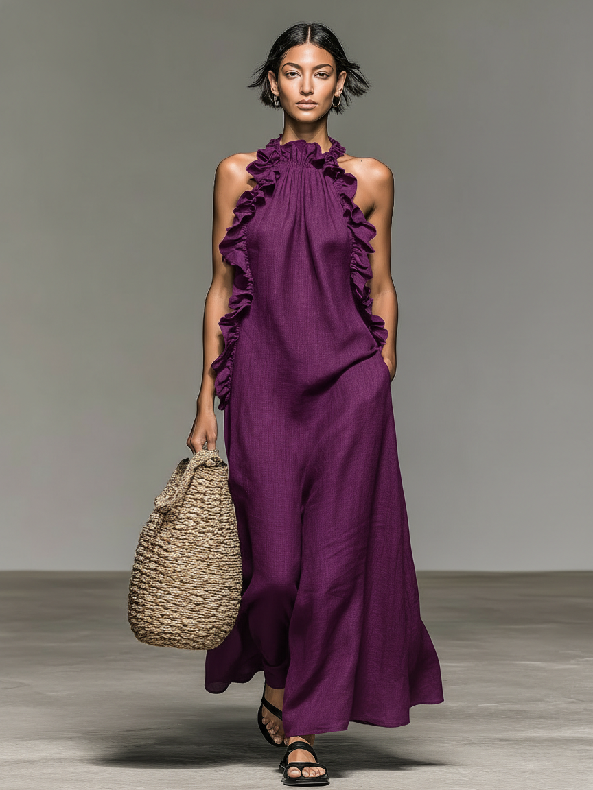Grevina - Robe maxi femme sans manches à volants avec poches