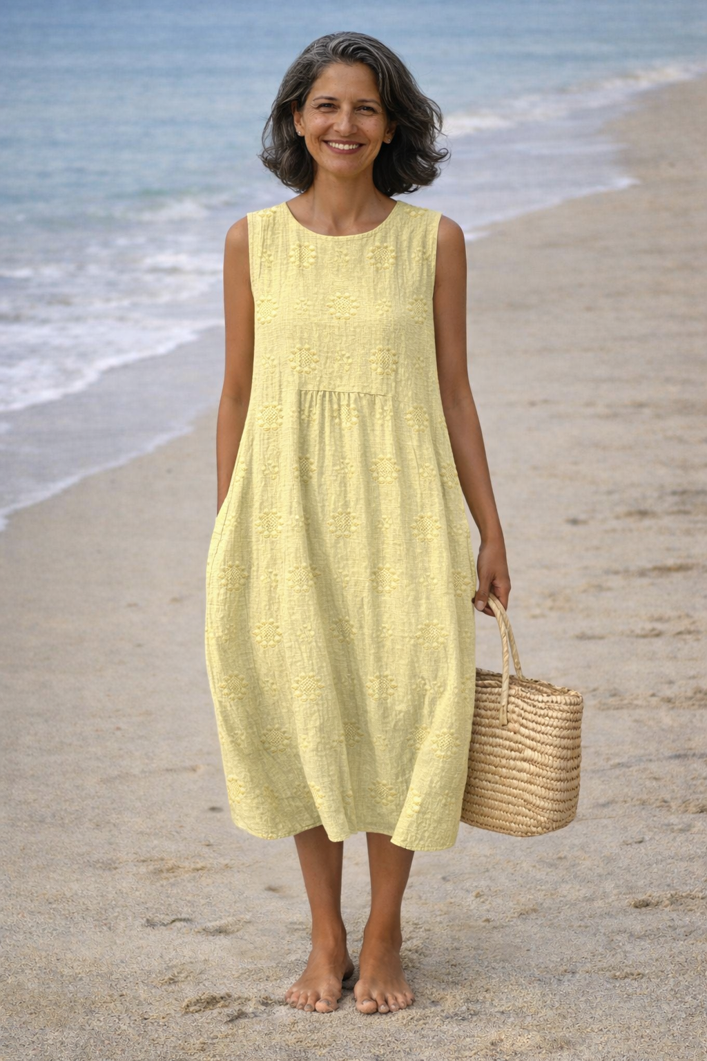 Karelle - Robe midi femme sans manches avec broderie et poches