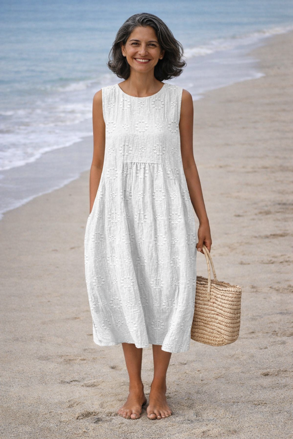 Ismeria - Robe midi femme brodée sans manches
