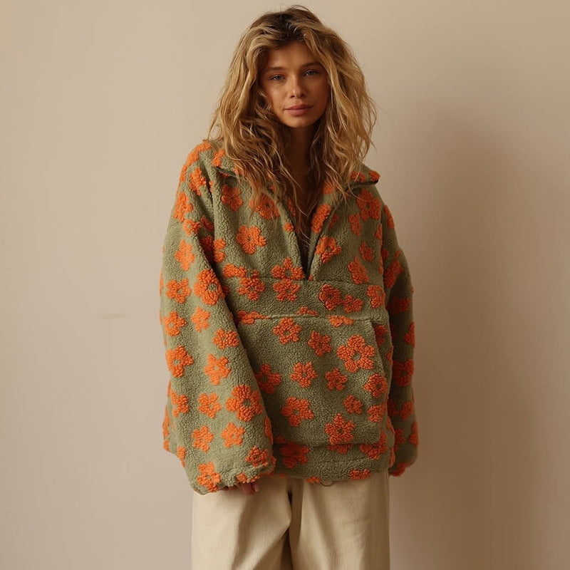 Jovira™ - Sweat en polaire sherpa avec fleurs boho et coupe oversize