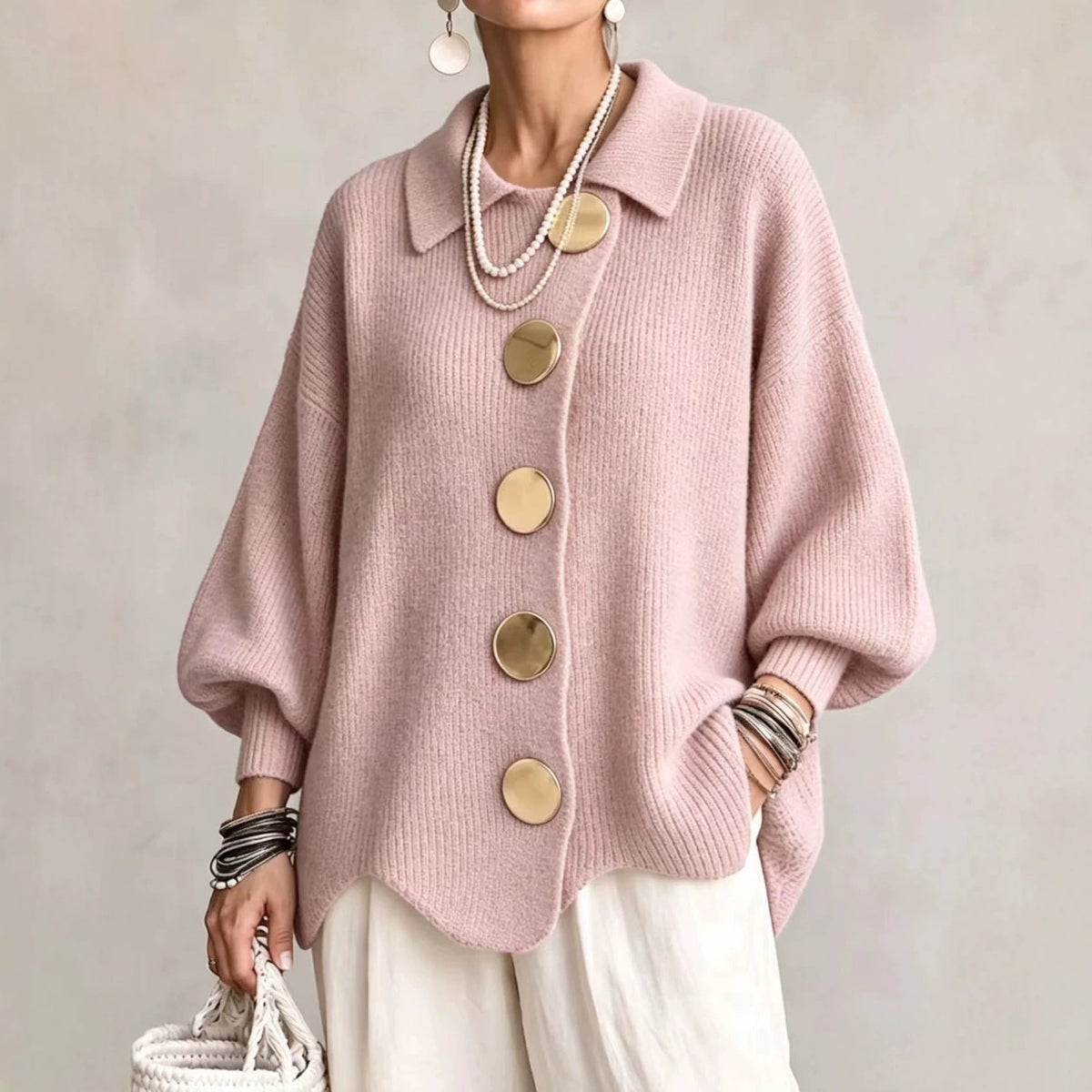 Daniëlle - Cardigan femme oversize à col boutonné en maille côtelée