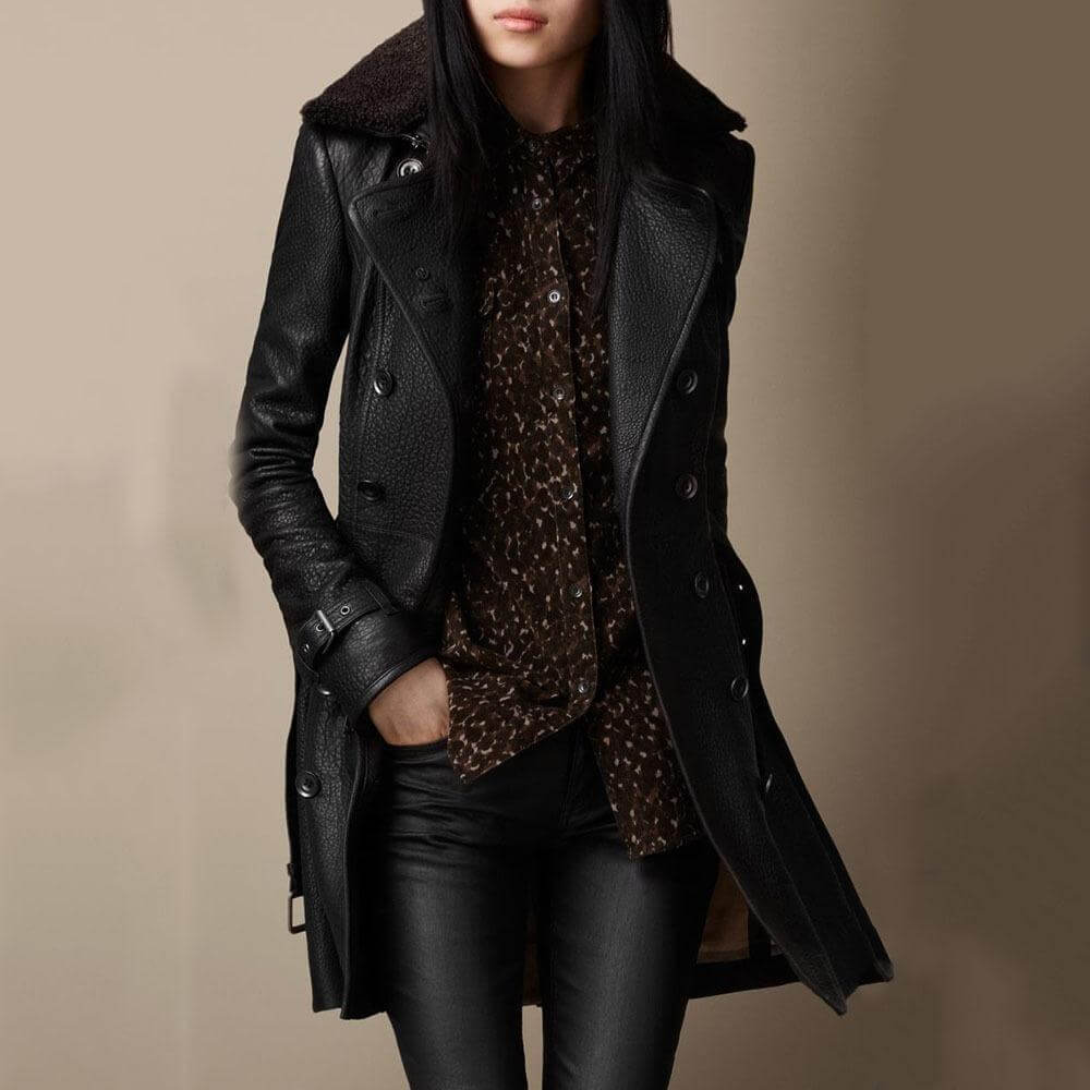 Jannet - Manteau 3/4 femme en similicuir avec col en fausse fourrure