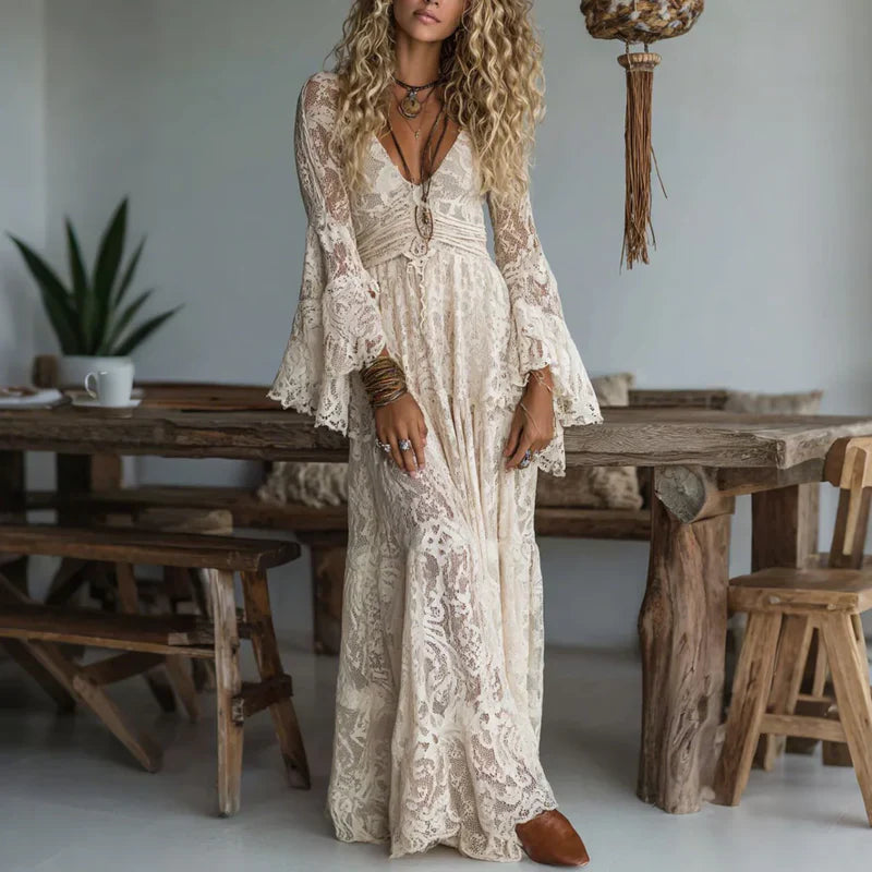 Mireis - Robe longue femme vintage en dentelle coupe sirène