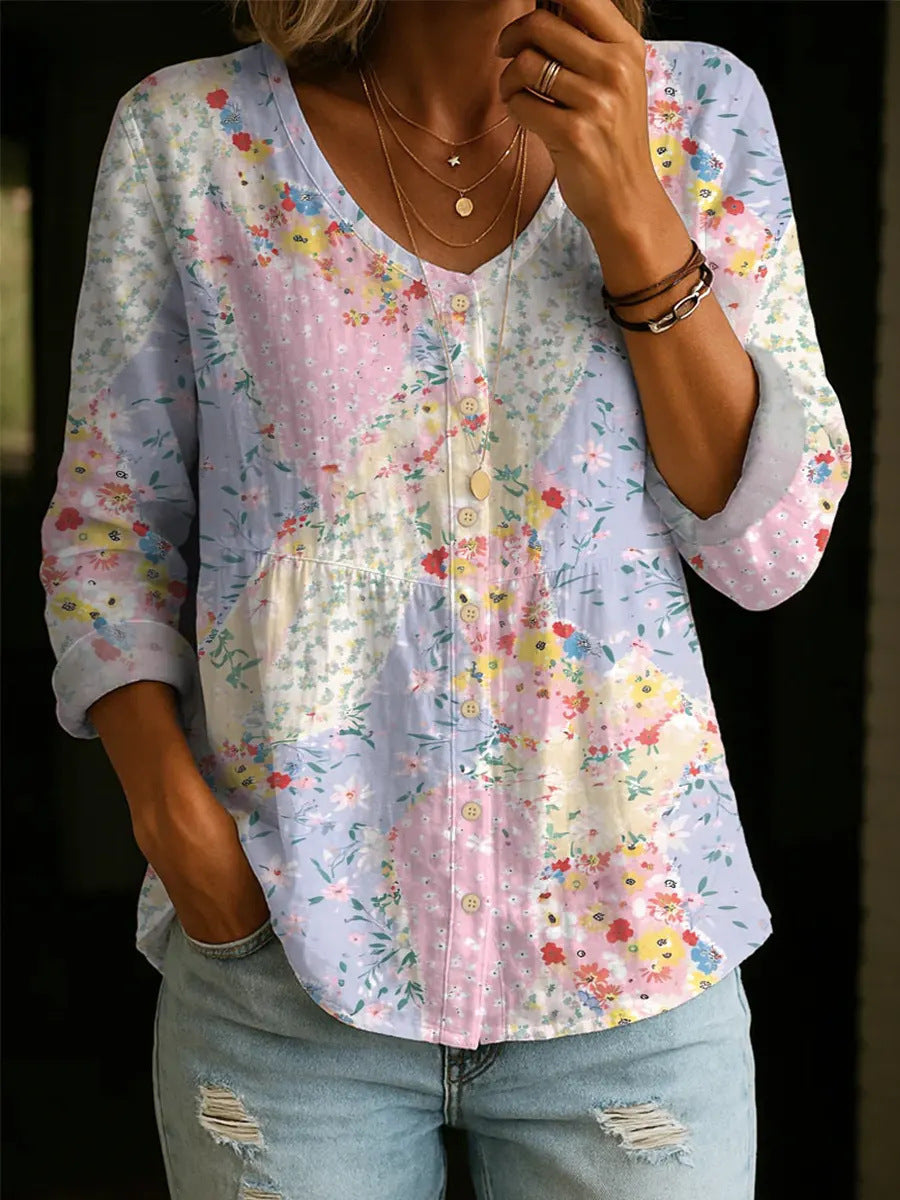 Cirexa™ - Blouse femme patchwork floral col V fluide été casual