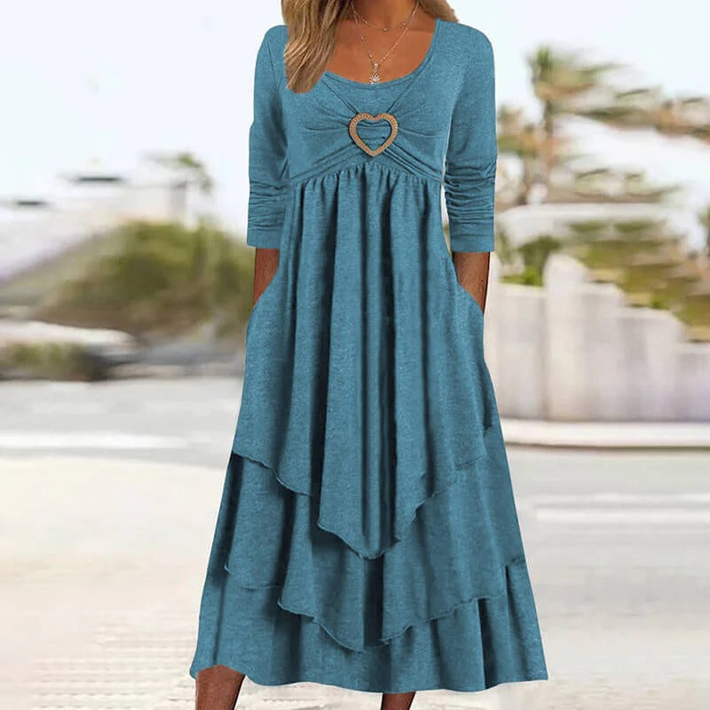 Joline - Robe midi femme superposée avec détail cœur