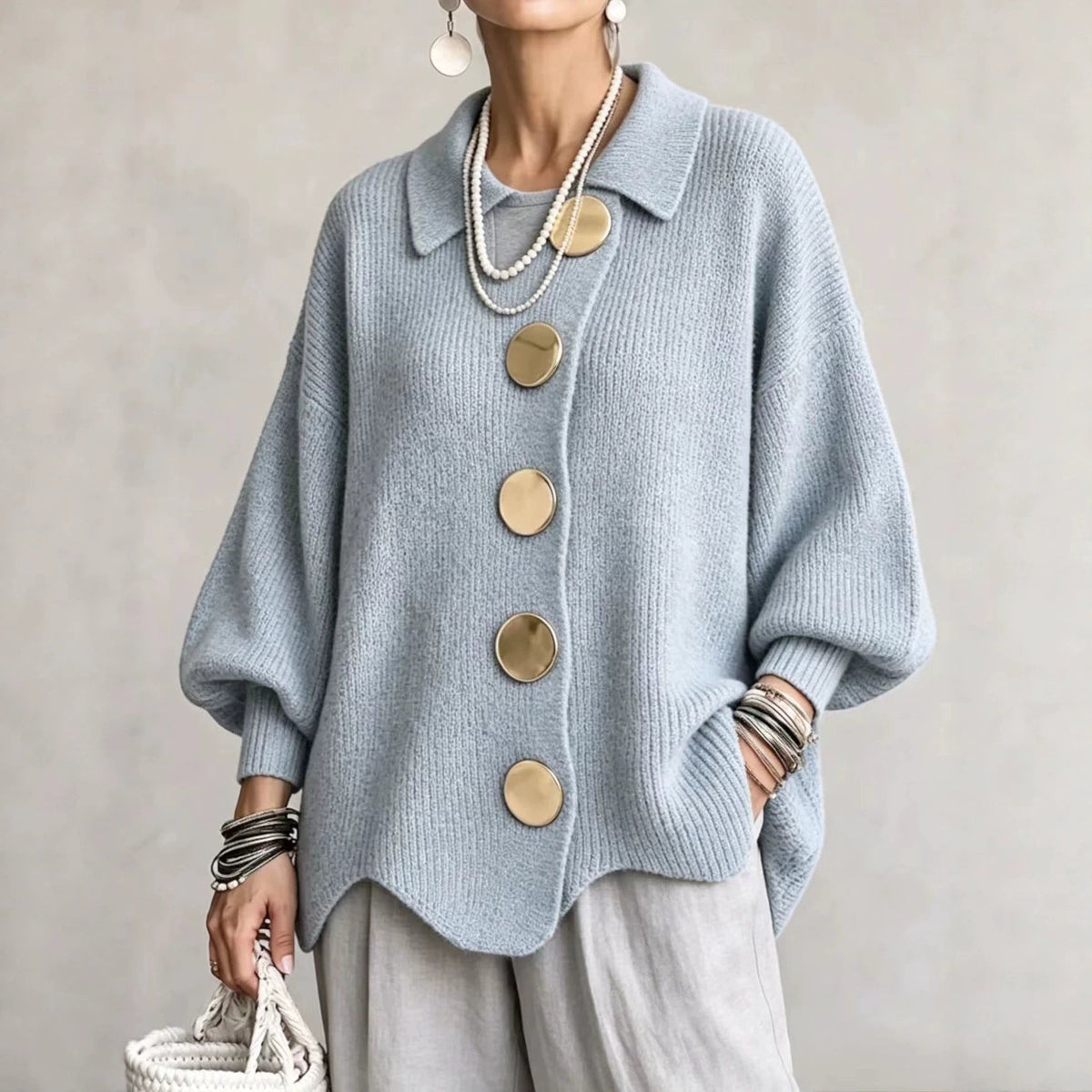 Daniëlle - Cardigan femme oversize à col boutonné en maille côtelée