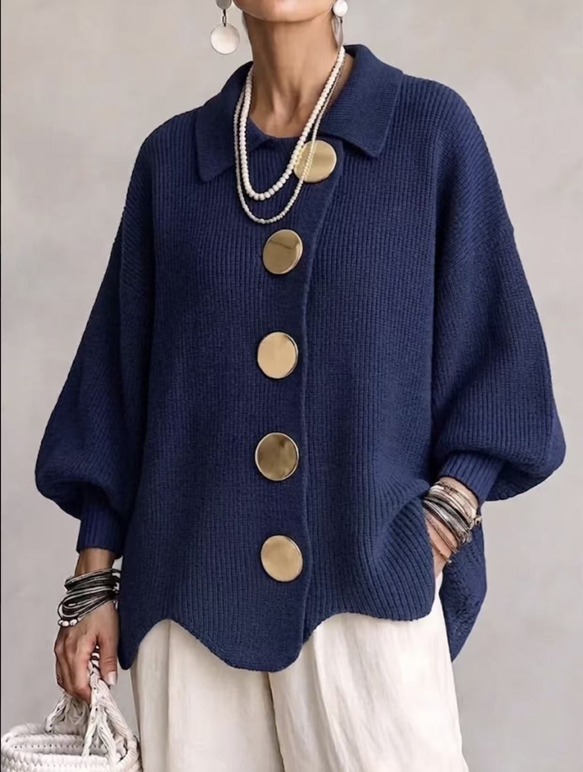 Daniëlle - Cardigan femme oversize à col boutonné en maille côtelée