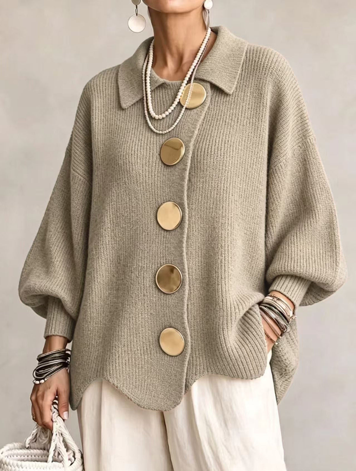 Daniëlle - Cardigan femme oversize à col boutonné en maille côtelée
