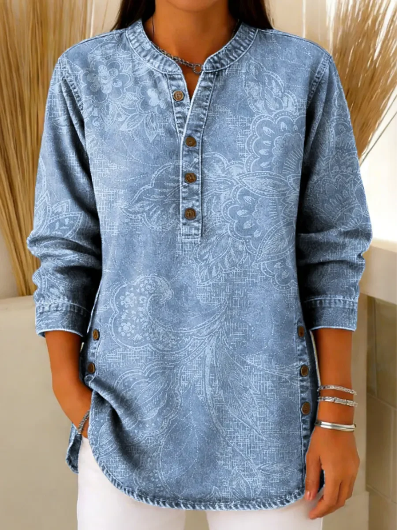 Quelyra™ - Blouse Boutonnée Imprimée Col Rond