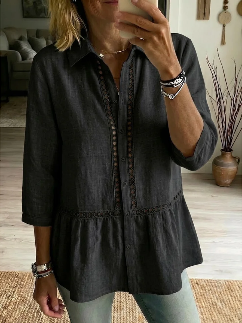 Nyvora™ - Chemise femme fluide boutonnée col classique détails ajourés élégants