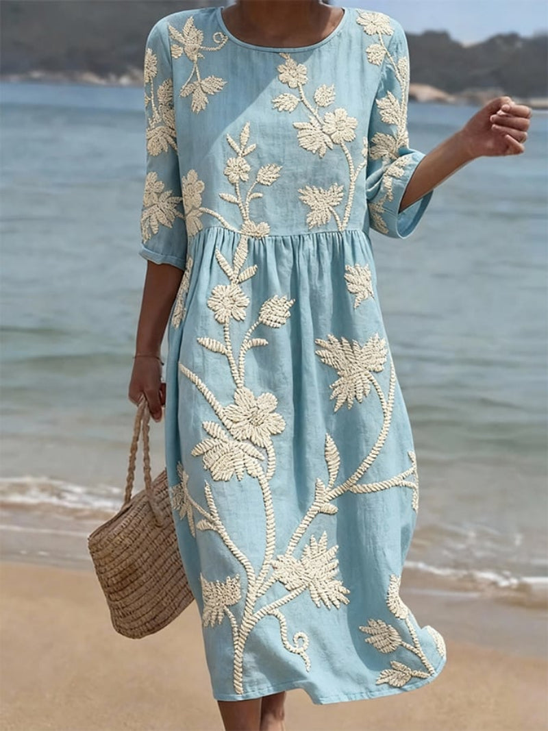 Delyth™ - Robe Midi Fluide Brodée Style Vintage Élégant