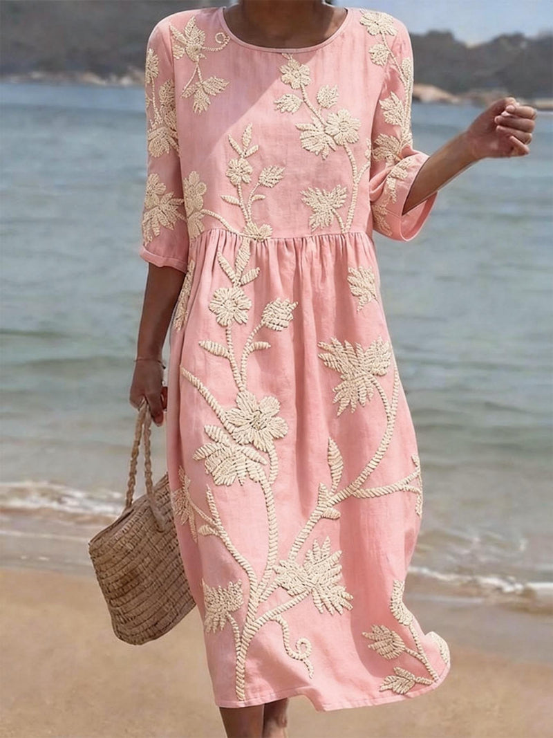 Delyth™ - Robe Midi Fluide Brodée Style Vintage Élégant