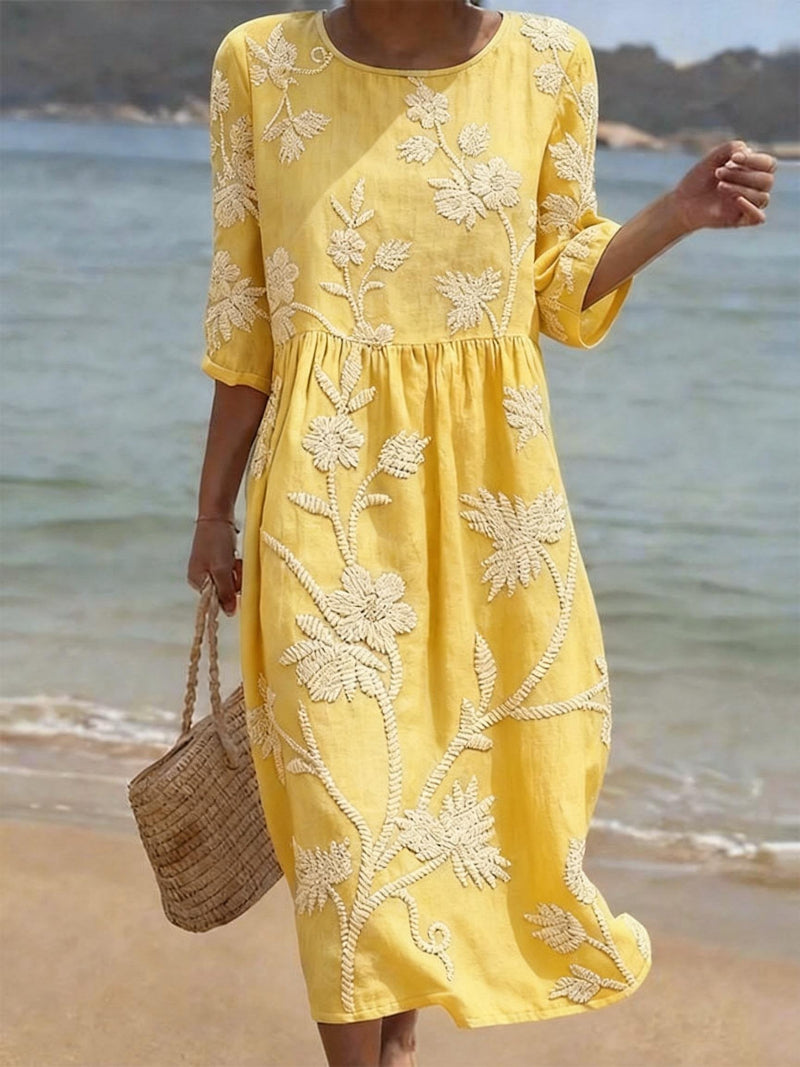 Delyth™ - Robe Midi Fluide Brodée Style Vintage Élégant