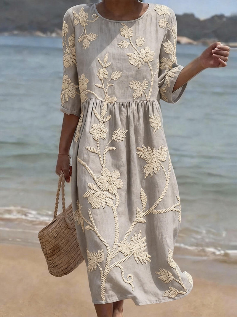 Delyth™ - Robe Midi Fluide Brodée Style Vintage Élégant