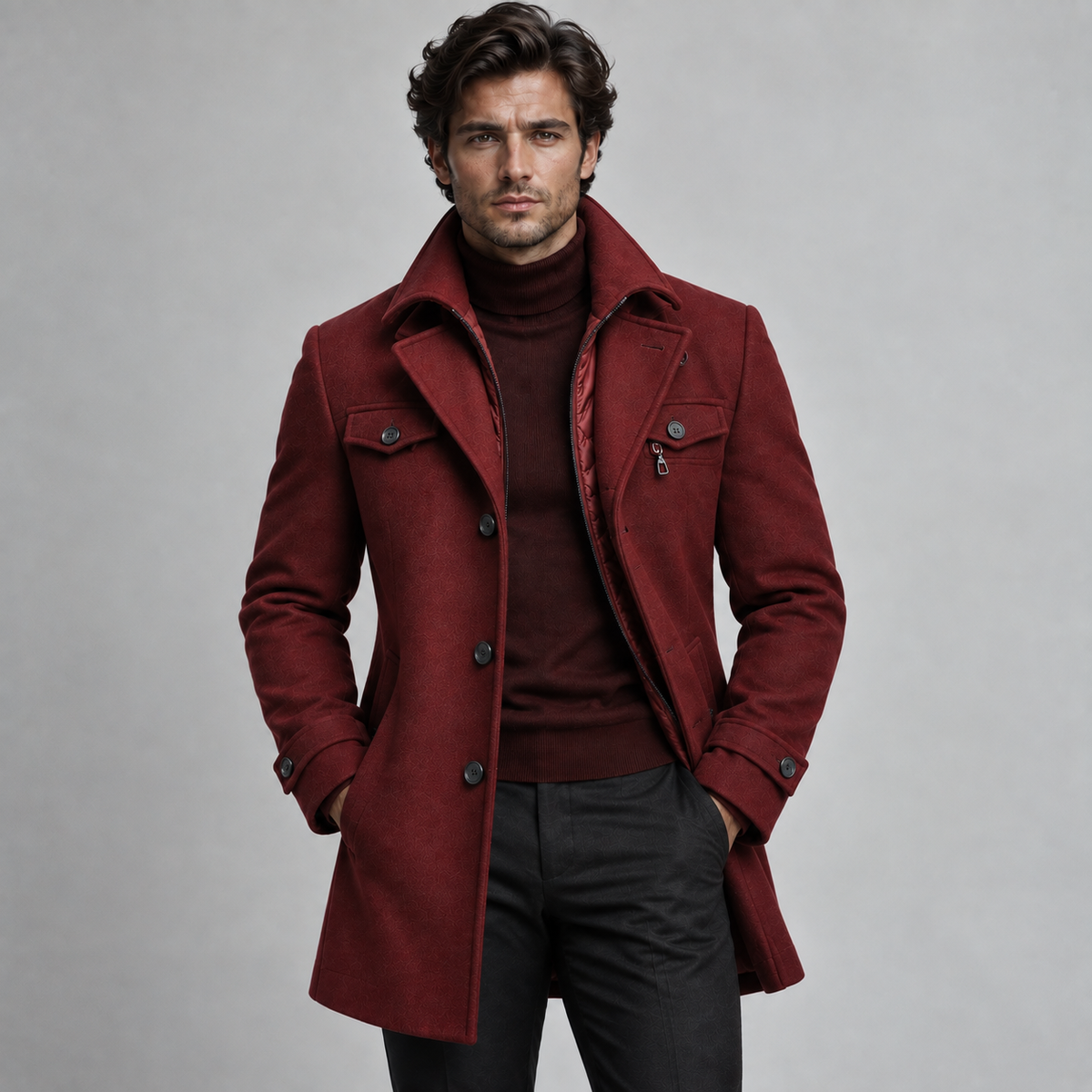 Marcus - Manteau en laine homme à col montant et doublure matelassée
