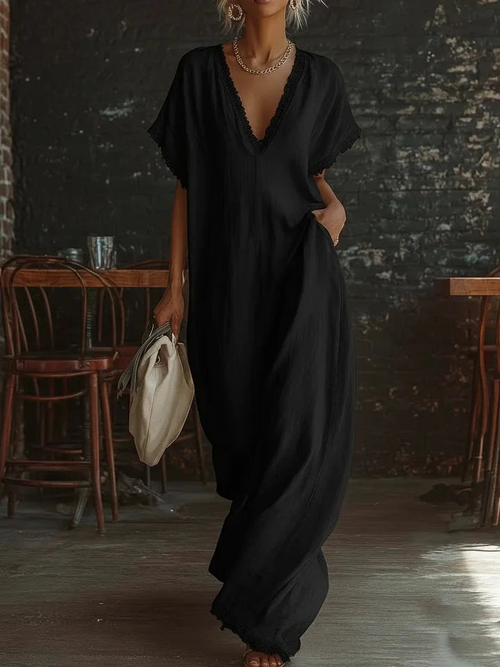 Delyra - Robe longue femme ample avec dentelle et col V