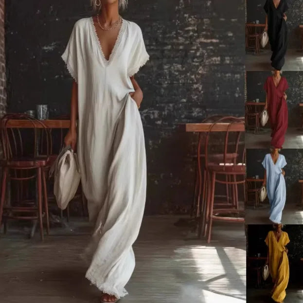 Delyra - Robe longue femme ample avec dentelle et col V