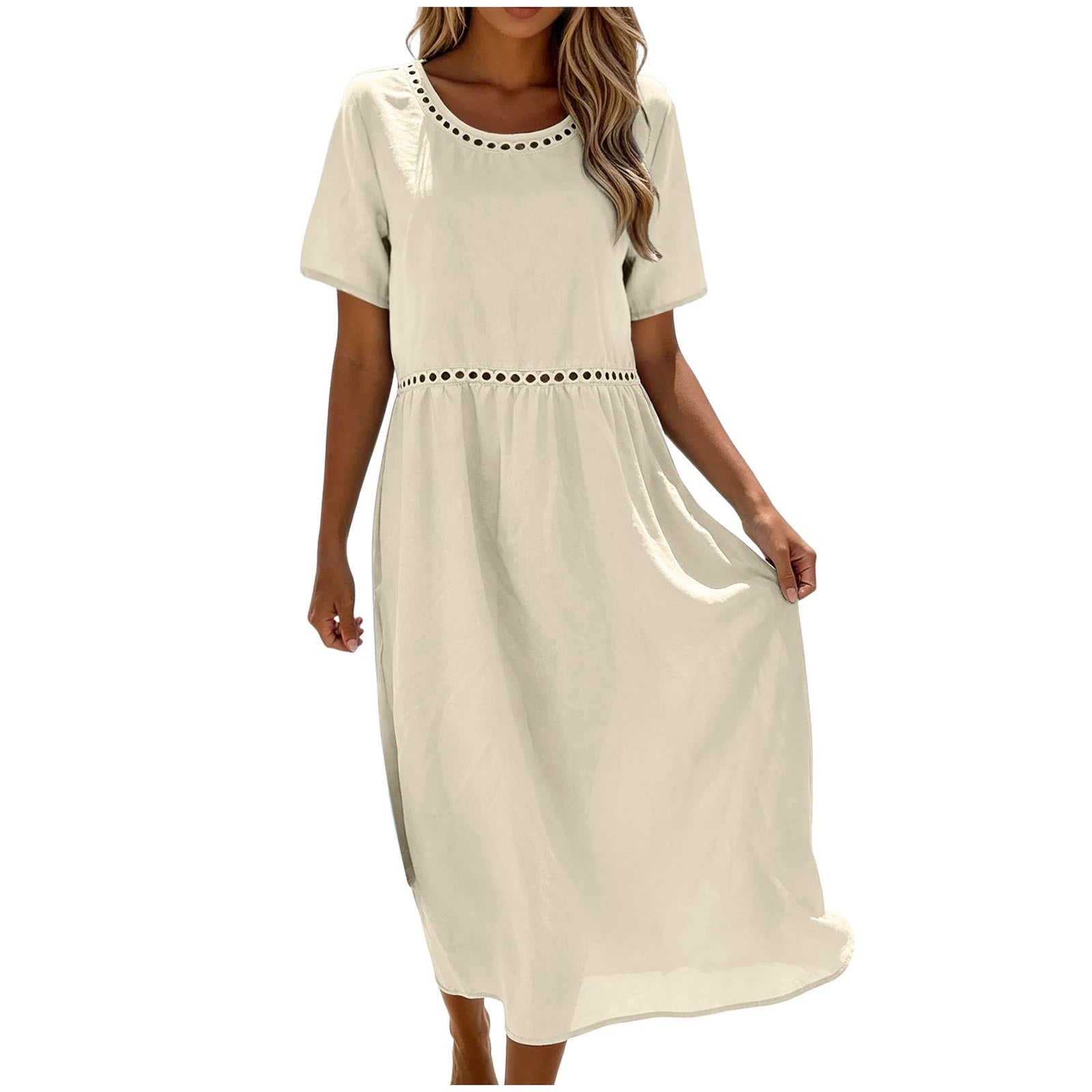 Quessina - Robe longue femme coton-polyester avec col rond ajouré