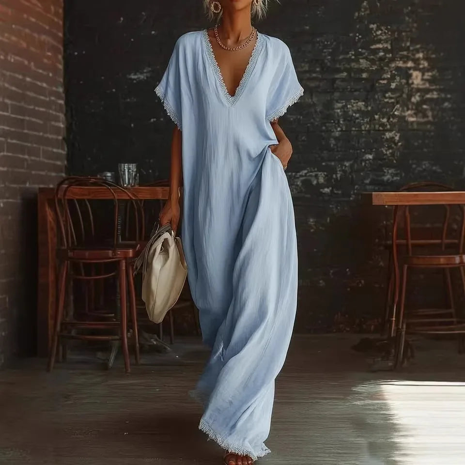 Delyra - Robe longue femme ample avec dentelle et col V