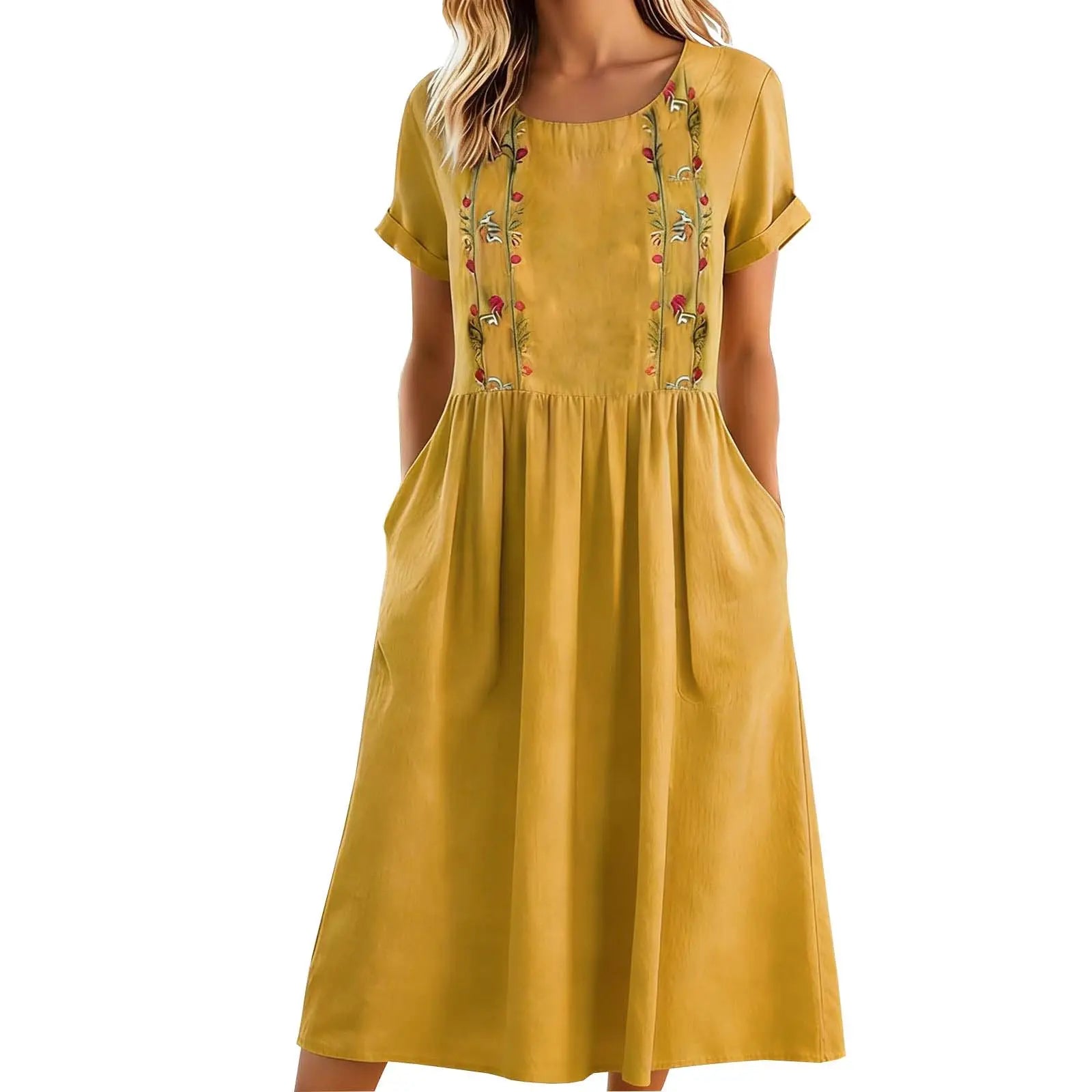 Sylmere - Robe midi femme brodée avec poches et col rond