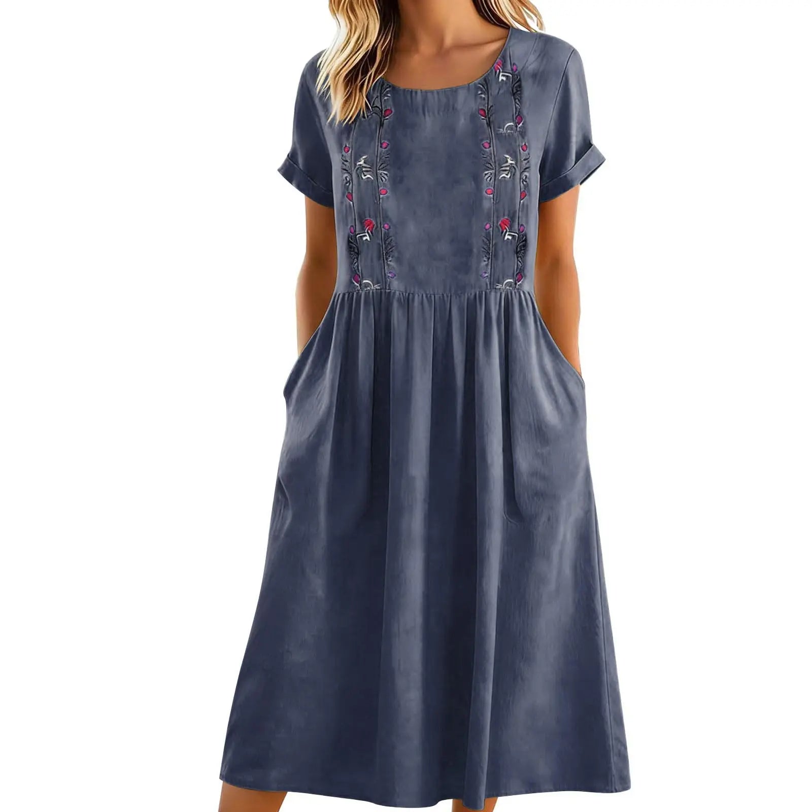 Sylmere - Robe midi femme brodée avec poches et col rond