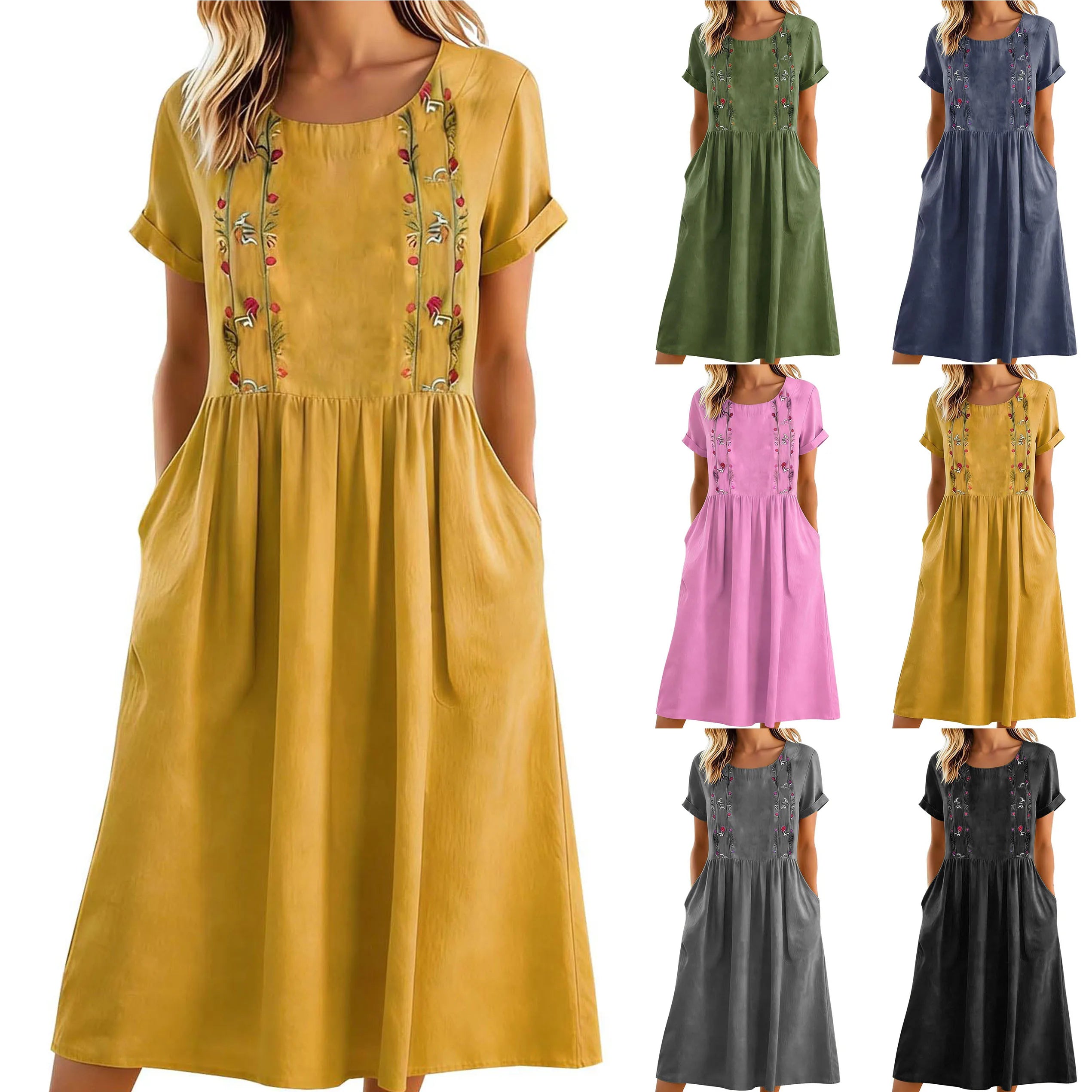 Sylmere - Robe midi femme brodée avec poches et col rond