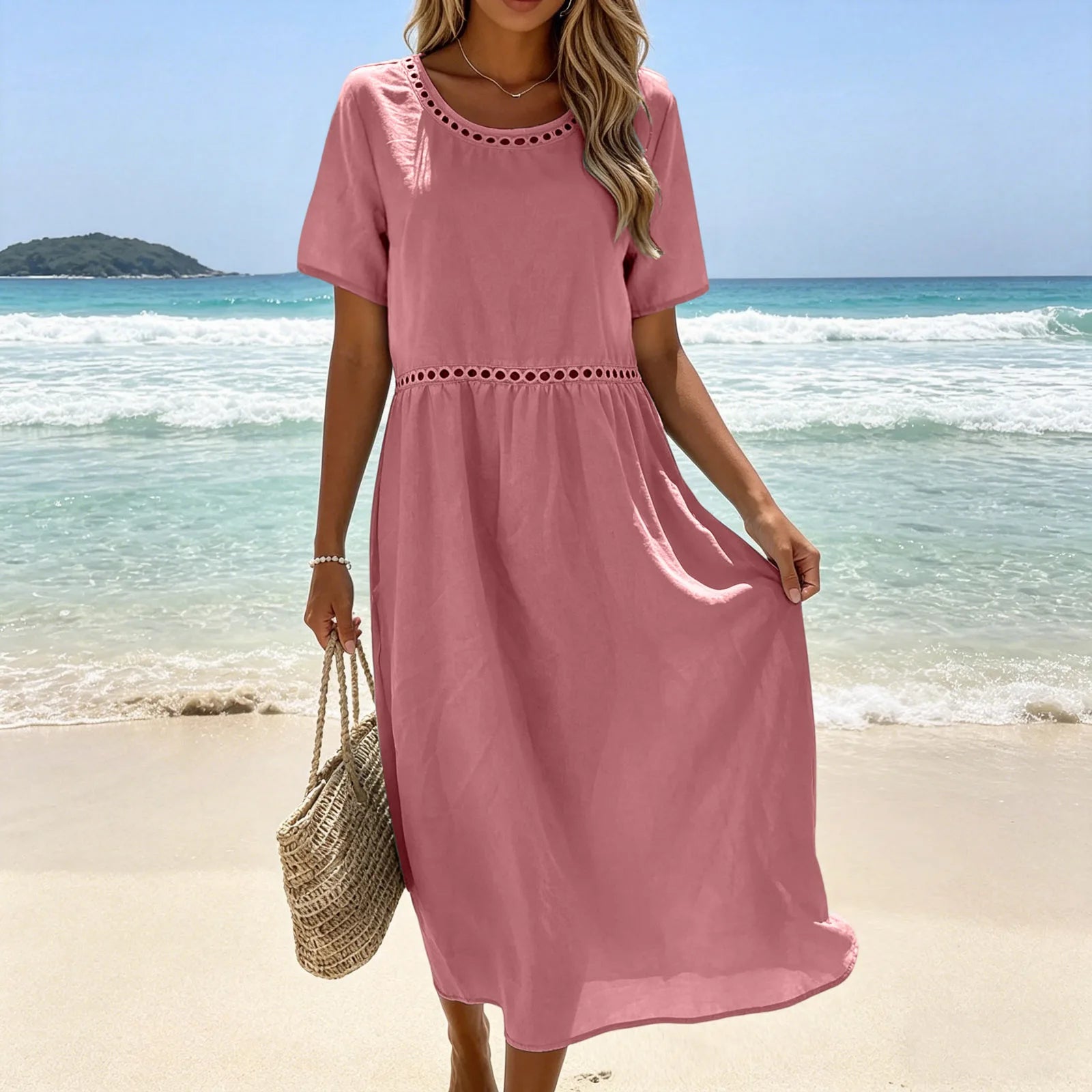 Quessina - Robe longue femme coton-polyester avec col rond ajouré