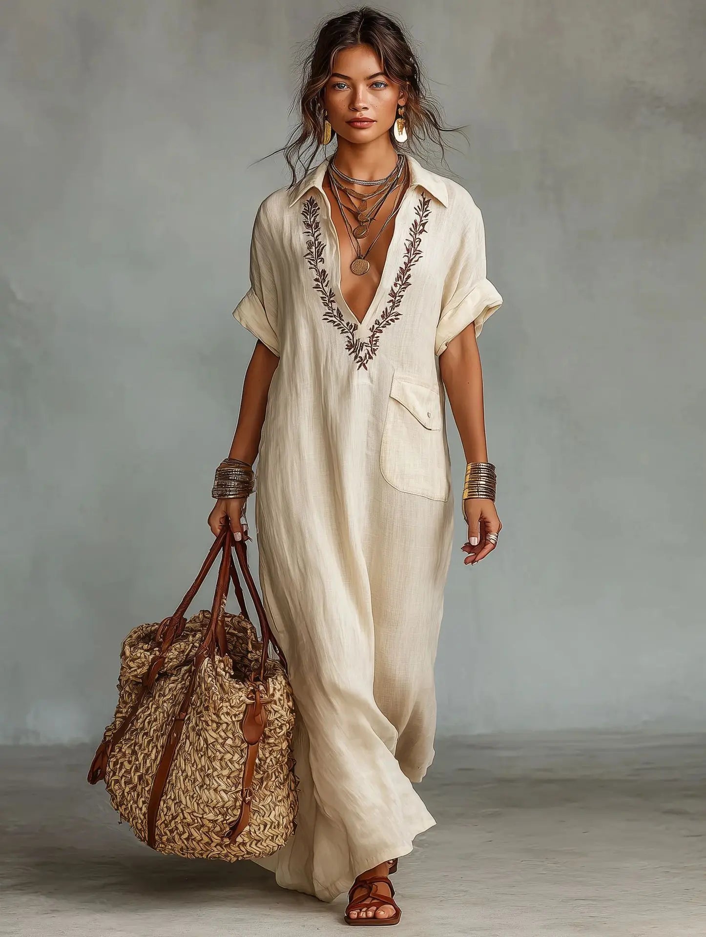 Pherelle - Robe longue femme brodée effet lin avec poches