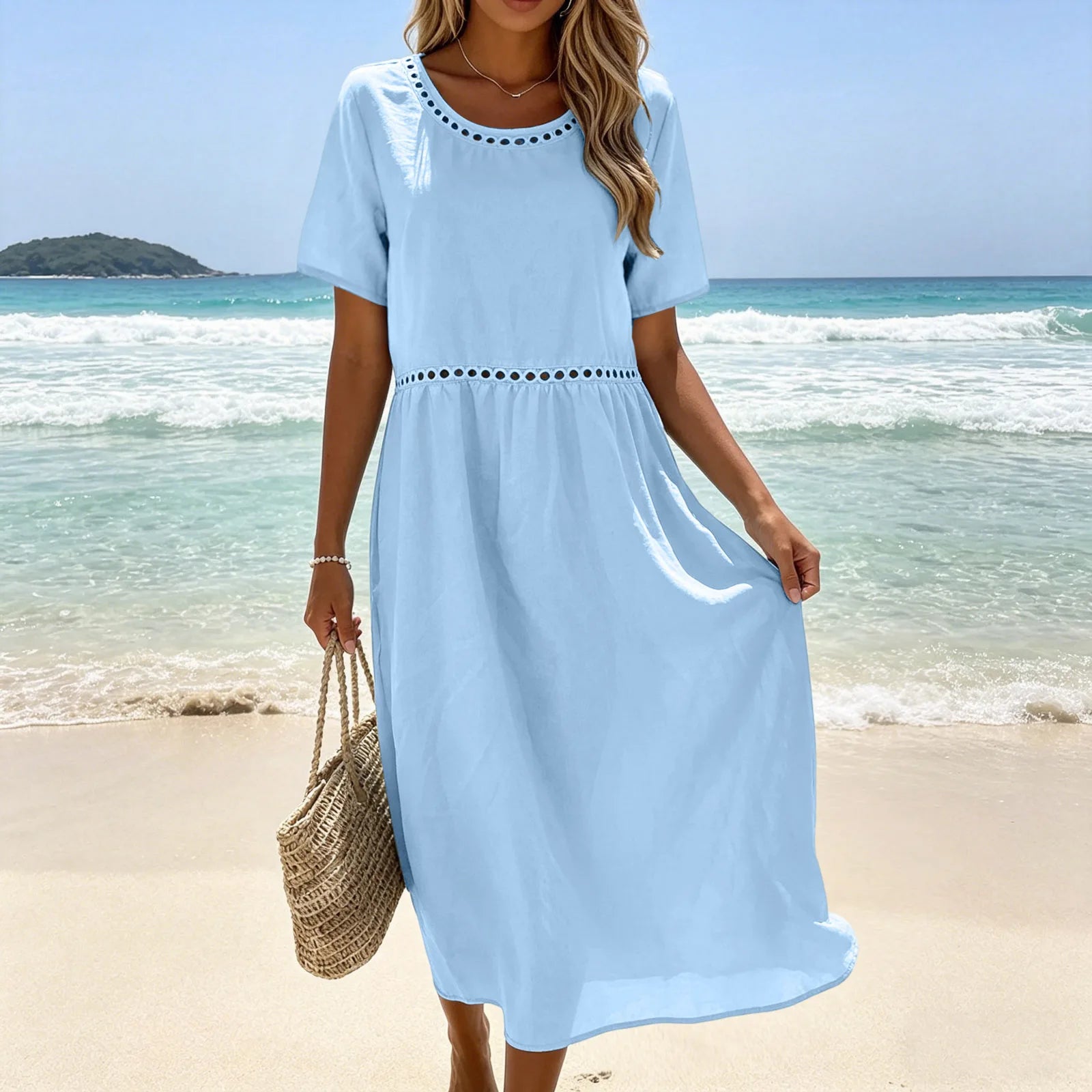 Quessina - Robe longue femme coton-polyester avec col rond ajouré