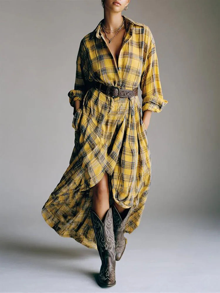 Kaenira - Robe Élégante à Carreaux et Manches Longues