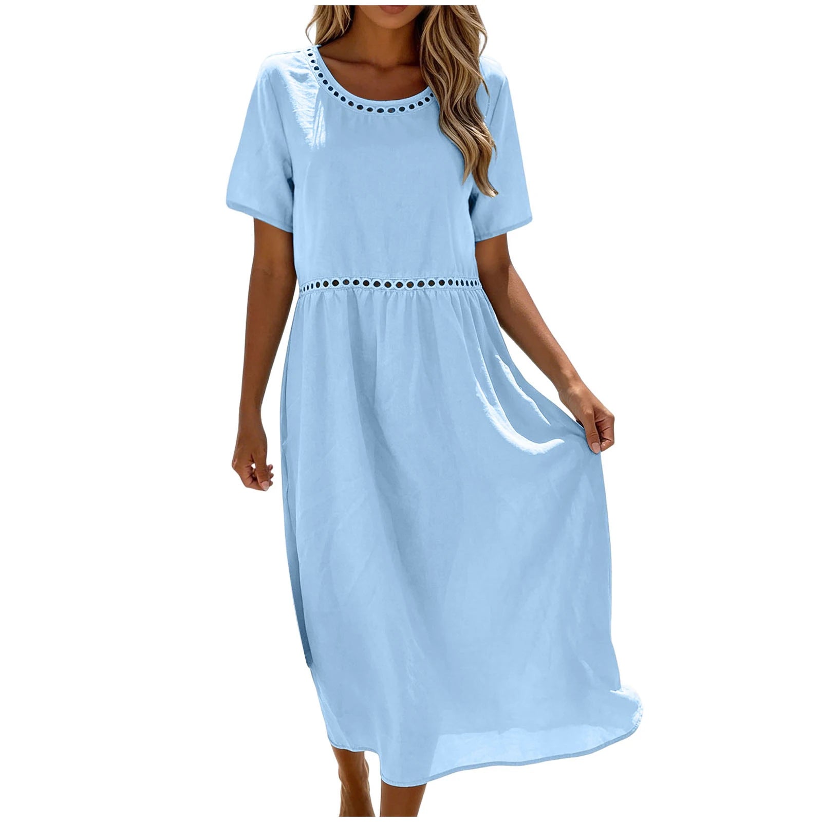 Quessina - Robe longue femme coton-polyester avec col rond ajouré