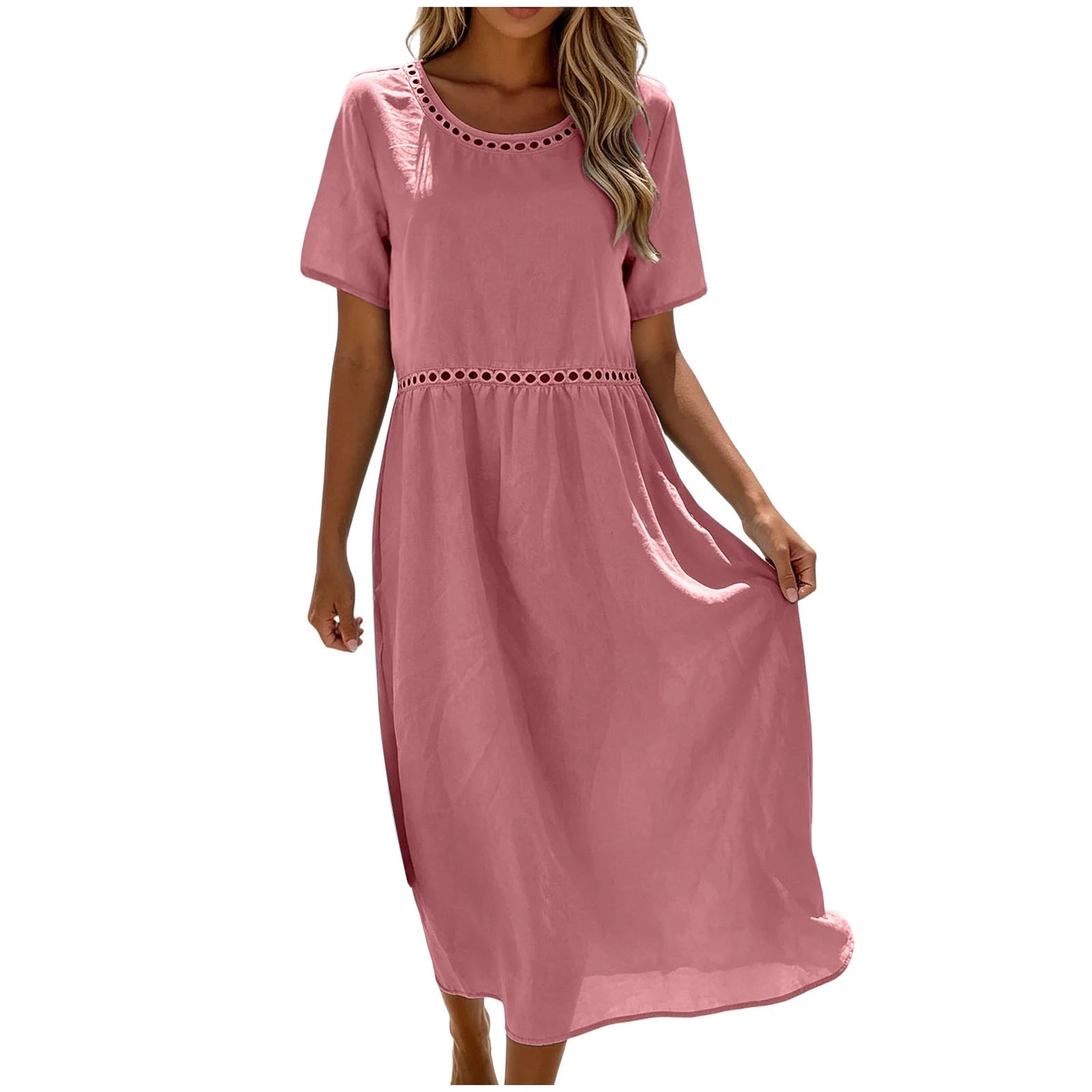 Quessina - Robe longue femme coton-polyester avec col rond ajouré