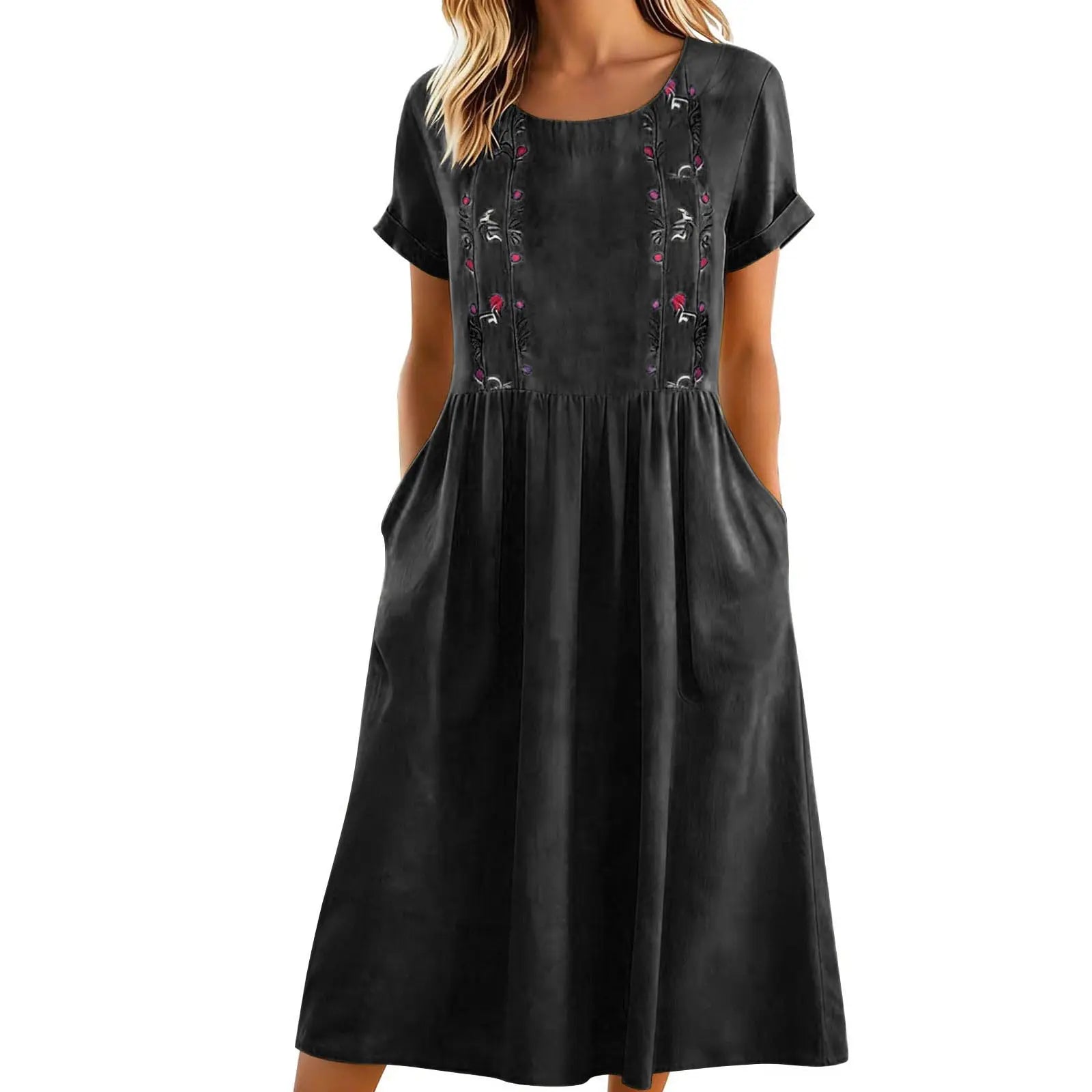 Sylmere - Robe midi femme brodée avec poches et col rond