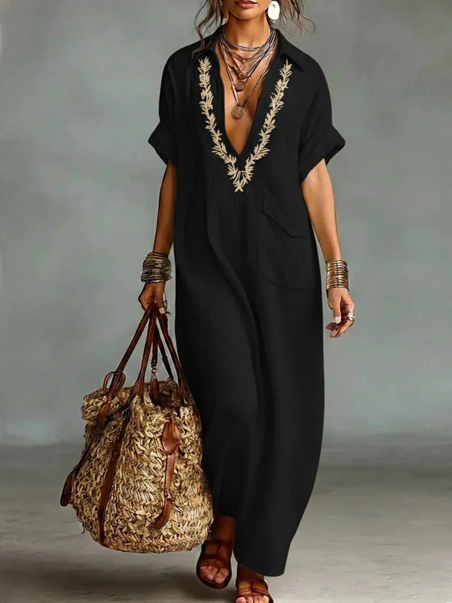 Pherelle - Robe longue femme brodée effet lin avec poches