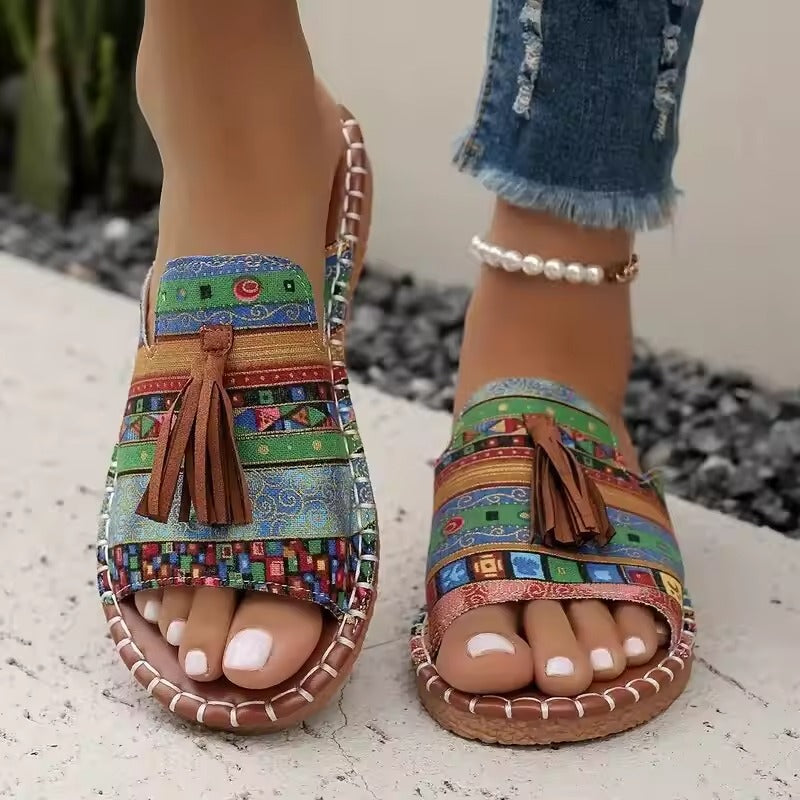 Erythia™ - Sandales femme plates tissu ethnique franges semelle confort
