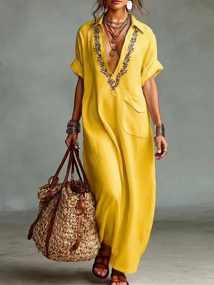 Pherelle - Robe longue femme brodée effet lin avec poches