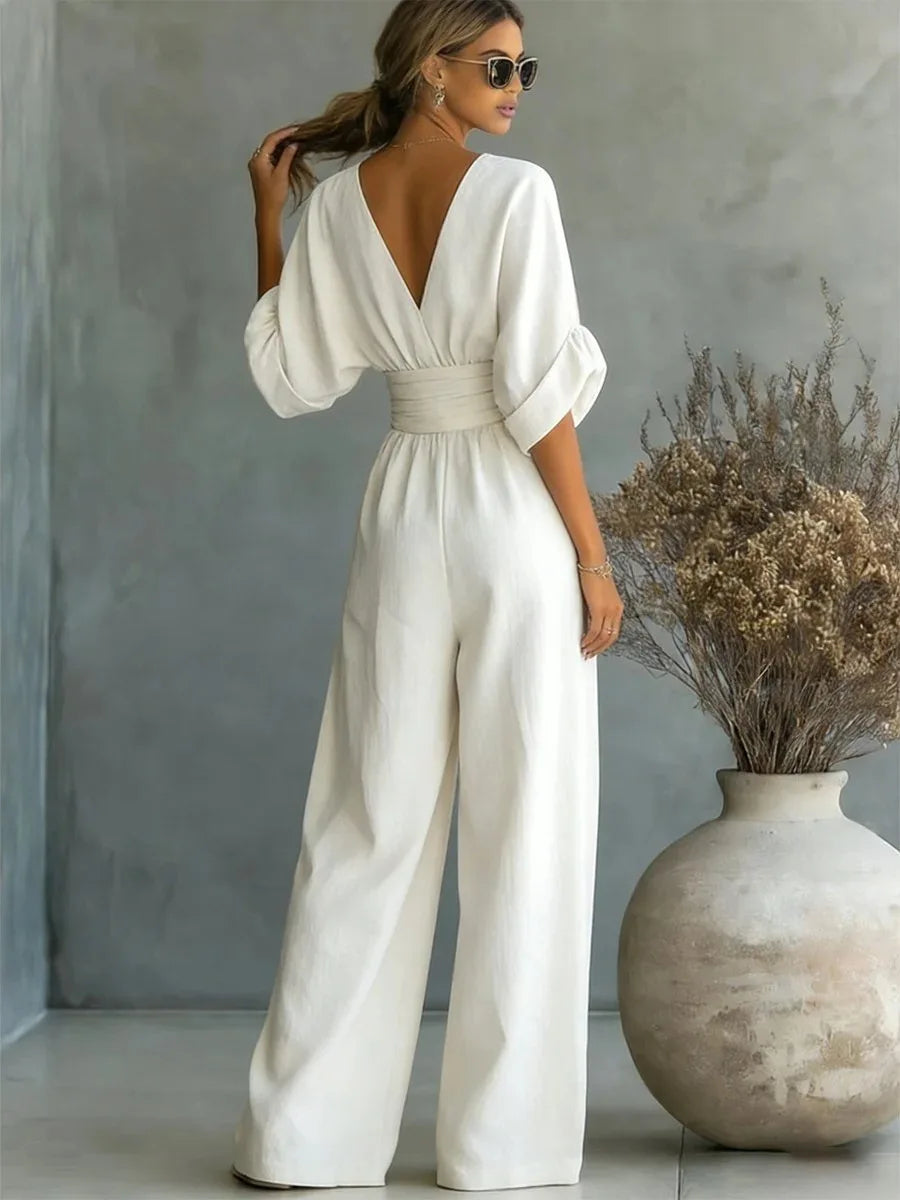 Helyrae™ - Combinaison Femme Col V Taille Marquée Coupe Fluide Élégante