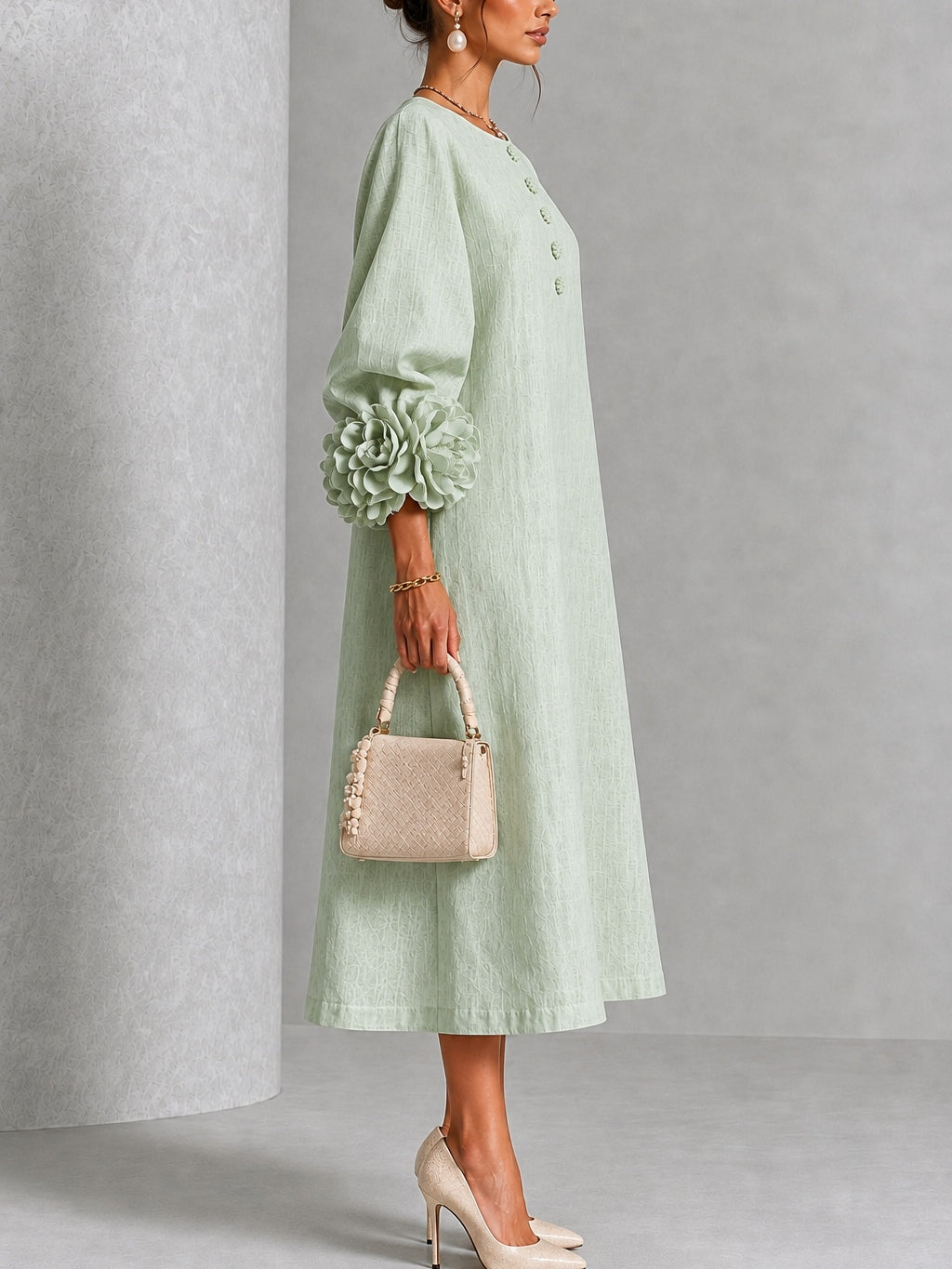 Aliette - Robe midi femme à manches florales