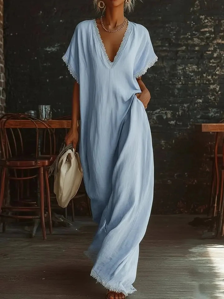 Delyra - Robe longue femme ample avec dentelle et col V