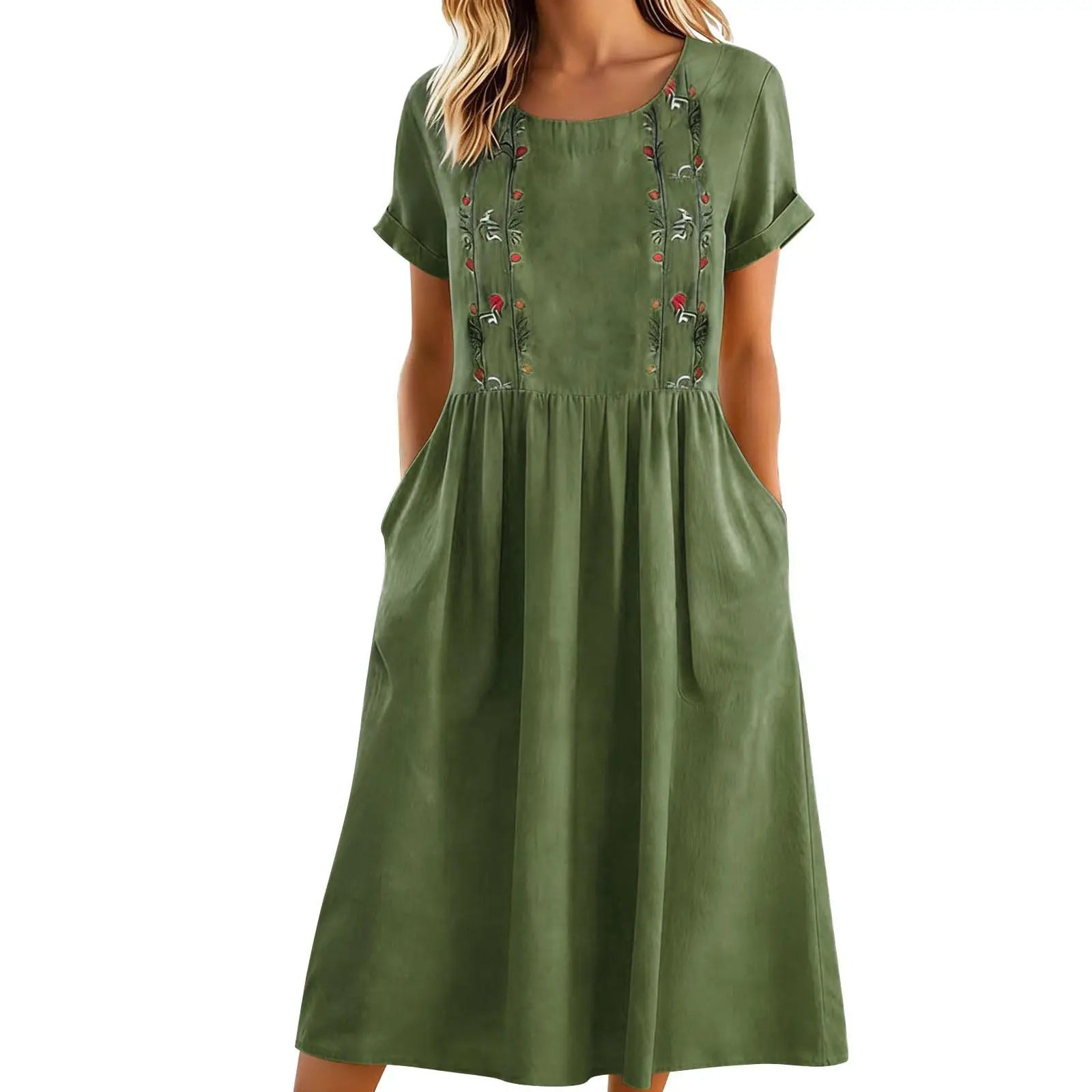 Sylmere - Robe midi femme brodée avec poches et col rond