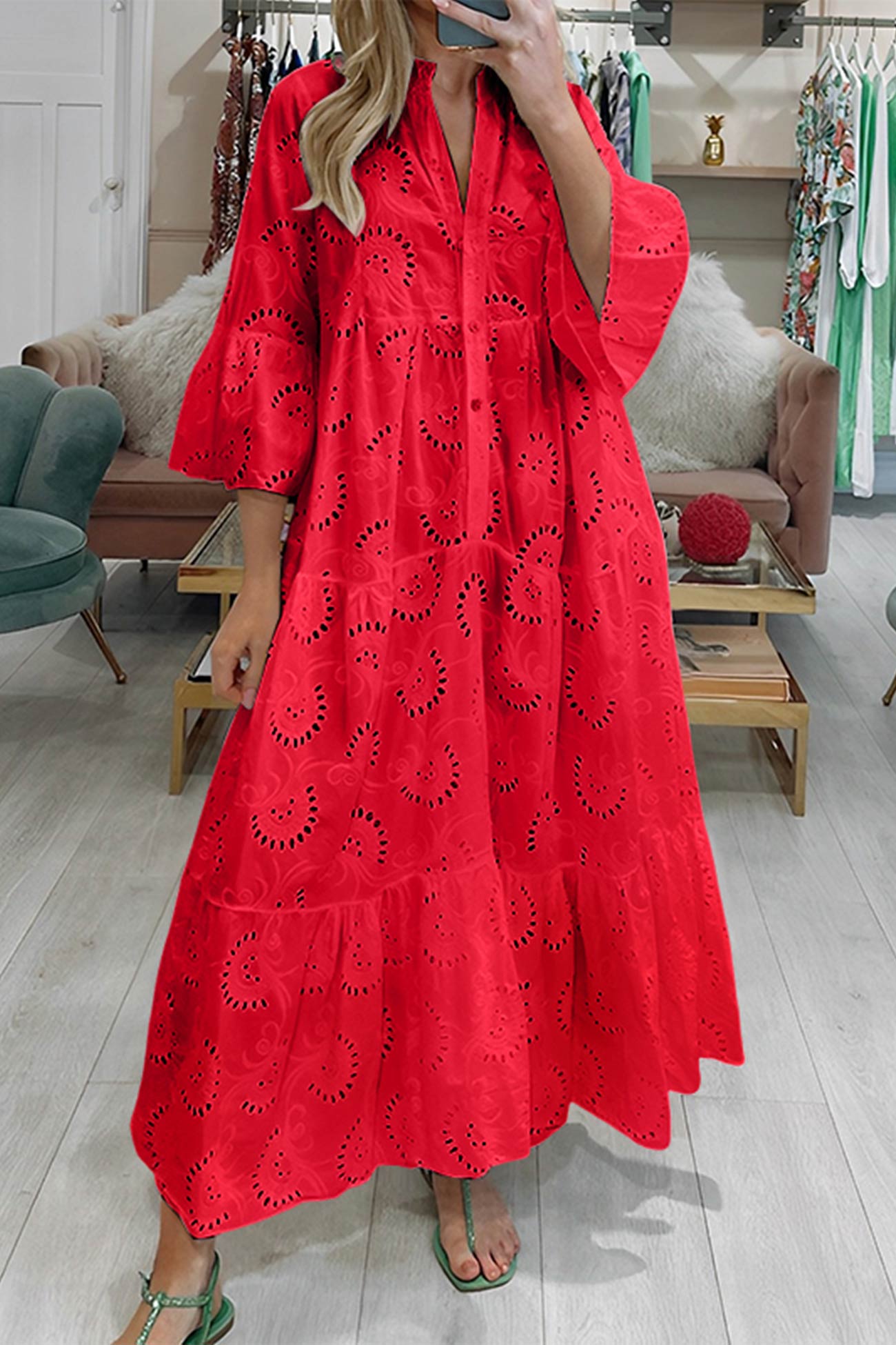 Noa™ - Robe en coton avec manches brodées et col en V